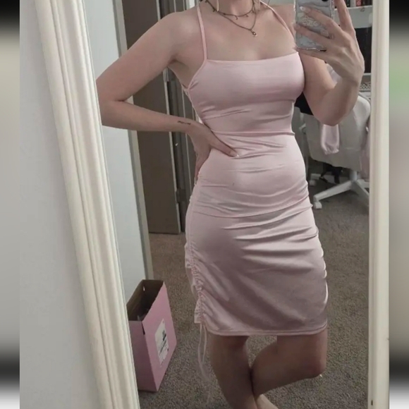 Pink Satin Drawstring Ruched Criss-cross Back Adjustable Length Mini Dress (M) - Picture 10 of 13